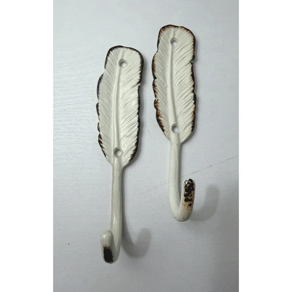 Cast Iron Feather Wall Hook Set White Distressed Rustic Farmhouse 2 pc